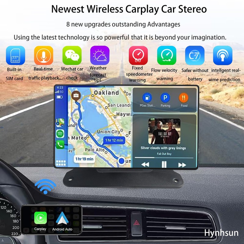 Hynhsun Portable Wireless Apple Carplay/Android Auto Screen for Car, 7"