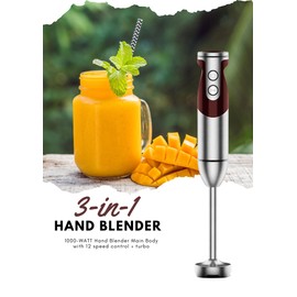 Megawise 3-in-1 Hand Blender – 12-Speed, Includes Powerful Blender Stick, Whisk, and Milk Frother – Easy to Clean and Perfect for Smoothies, and More (Red)