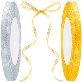 Isslly 1/4in Gold Silver Ribbon, 50 Yards Glitter Satin Ribbon Rolls for Present Wrapping, Glossy Metallic Fabric Fabric Ribbons for DIY Crafts, Wedding, Christmas Decoration