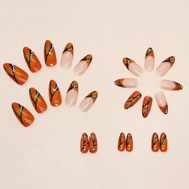 LYMCY Press on Nails French,Stylish Yellow and Black Jumping Pumpkin Orange Fake Nails, Artificial Nails for Women and Girls -24 pcs