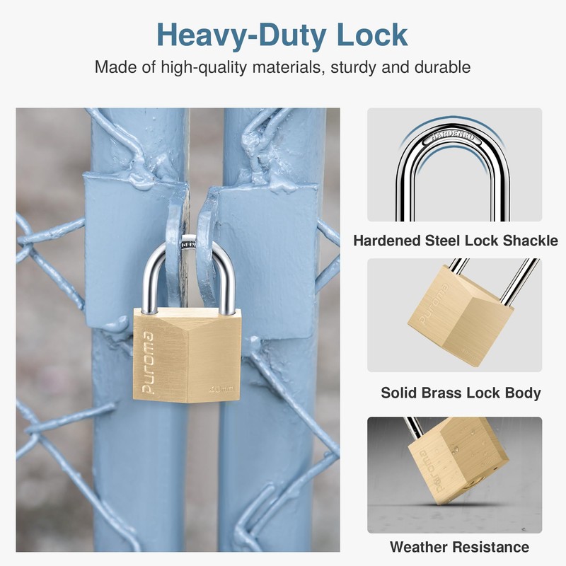 Puroma 2 Pack Keyed Padlock Waterproof Solid Brass Lock, 1.1