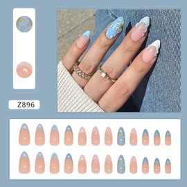 24Pcs Summer Press on Nails Medium Almond Blue Fake Nails Medium French Tip False Nails with 3D Flower Seashells Designs Acrylic Summer Glue on Nails Glossy Artificial Stick on Nails