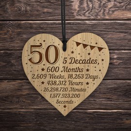 Red Ocean Funny 50th Birthday Gift For Him Her Engraved Wood Heart 50th Birthday Gift For Men Women