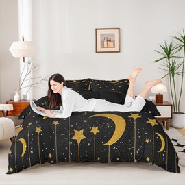 Gold Stars and Moon Duvet Cover Queen Size,Starry Sky Comforter Cover with 2 Pillowcase for Teens Adults,Kids Gold and Black Bedding Set,Galaxy Breathable 3 Pieces Decorative Bed Cover(No Comforter)