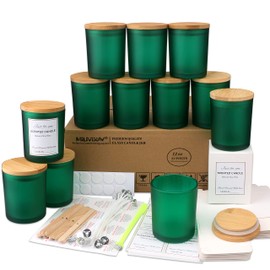 MILIVIXAY 12 Pack 12 OZ Matt Green Glass Candle Jars with Lids and Candle Making Kits - Bulk Empty Candle Jars for Making Candles - Spice, Powder Containers.