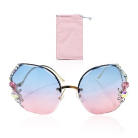 WUFGWBD Women's Gradient Sunglasses, Rhinestone Edge, UV Protection, Festival & Daily Wear, Pink Microfiber Case