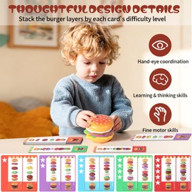 Wooden Play Food for Kids Kitchen Set with 10 Stacking Challenge Cards, 40+ Pcs Fake Fast Food Hamburger Toy with Roast Chicken & Play Money, Pretend Play Toys Birthday Gift for Toddlers Age 2-6