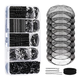 YGQQOY Hair Pins and Hair Net for Buns,Dance Hair Accessories Kit with 100 U-shaped Pins, 50 Bobby Pins, 100 Elastic Rubber Bands, 8 Invisible Hair Nets,2 Hair Ties for Dance Competitions,Black