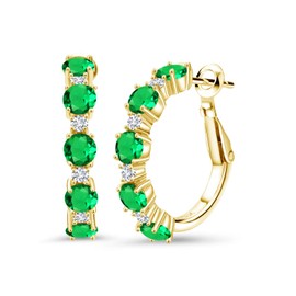 Gem Stone King 18K Yellow Gold Plated Silver Green Nano Emerald and White Lab Grown Diamond Hoop Earrings For Women (3.30 Cttw, Round 4MM and 1.9MM, Gemstone Birthstone 1 Inch Diameter)