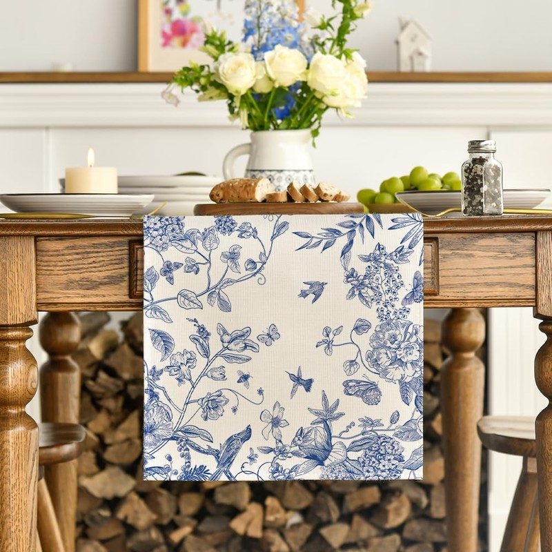 Artoid Mode Monochrome Sketch Floral Birds Spring Table Runner, Summer