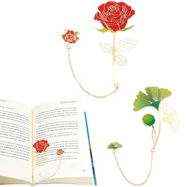 Heatunk Set of 2 Floral Metal Bookmarks: Ginkgo Leaves and Red Rose with Flower Pendant - Elegant Book Page Holders for Reading Enthusiasts - Women Book Lovers