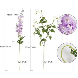 IPOPU Purple Fake Flowers 9pcs Delphinium Artificial Flowers with Clematis Greenery Stems 33.5" Bluebonnet Flowers Larkspur Snapdragon Tall Fake Flowers for Home Bridal Shower Party Decor (Purple)