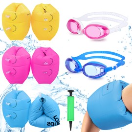 6 Pack Arm Floaties for Adults and Kids, PVC Inflatable Swimming Floats Arm Bands with 2 Swimming Goggles, Kids Floaties for Pool Summer Party