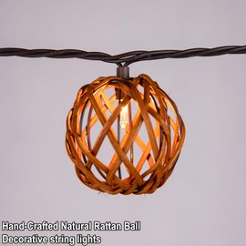 Outdoor Patio String Lights Plug in with 10 Incandescent Bulbs, Handwoven Natural Rattan Boho Decorative Lantern String Lights Connectable Weatherproof for Pergola, Porch, Mantel, Indoor Decor