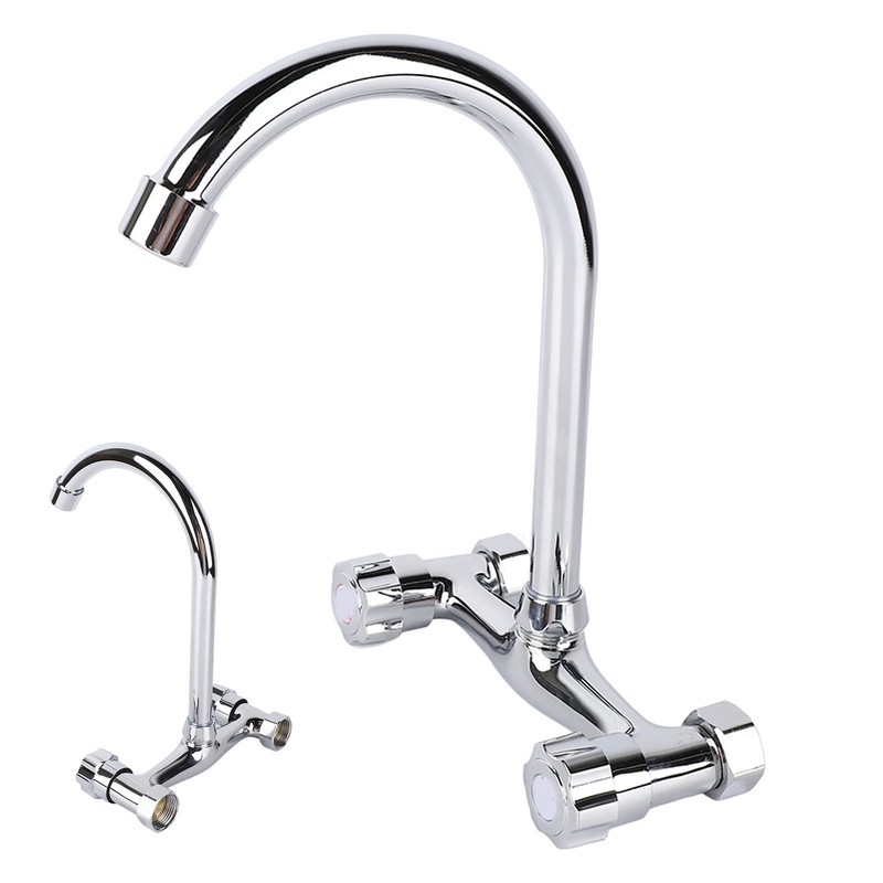 Wall Mount Kitchen Stainless Steel Smooth Surface 2 Handles Faucet