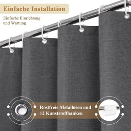 EurCross Shower Curtain 180 x 200 cm Linen Textured, Dark Grey Waterproof Textile Fabric Bath Curtain, Heavy Luxury Anti-Mould, Washable Shower Curtain with 12 Rings