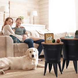 RUSTOWN Farmhouse Accent Side Table, Rustic Antique Galvanized End Coffee or Cocktail Table, Storage Metal Bin with Round Wood Lid Set of 2 (Black)