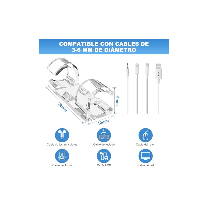 Organizador de Cables,100 Piezas Clips Adhesivos para Cables Transparentes con