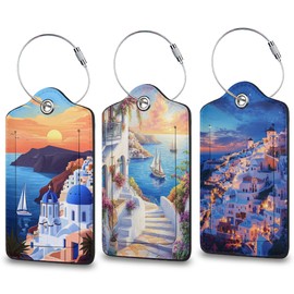 3 Pcs Santorini Sunset Landscape Luggage Tags for Suitcase, Travel Cruise Luggage Tag with Privacy Flap, Name ID Label and Metal Loop for Women Men Baggage Handbag School Bag Backpack