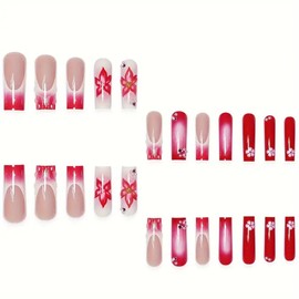 24 Pcs Handmade Press on Nails Long Square Nail Tips,YEFIUO Red Ombre French Acrylic Fake Nails Press ons 3D Pearl Nail Charms Design Glue on Nails Full Cover Reusable False Nails Art Kit for Ma'am