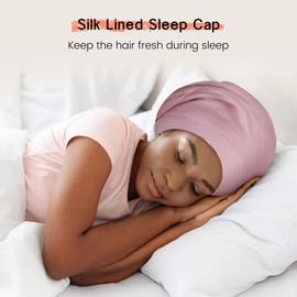 iCooBreeze Mulberry Silk Lined Sleep Cap Bonnet for Curly Hair, Stay On Hair Wrap, Adjustable Strap for Women Men, Pink & Solid Black