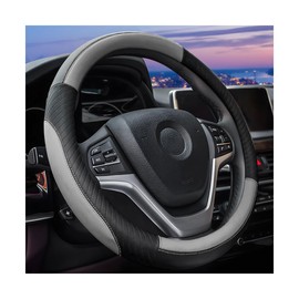 JNNJ Steering Wheel Cover Car Breathable Universal Steering Wheel Cover Sport Non-Slip Universal 38 cm Steering Wheel Cover Genuine Leather Non-Slip (Black/Grey)