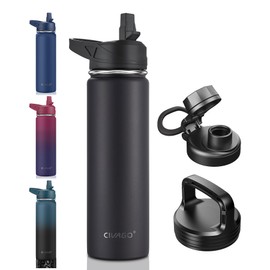 CIVAGO 22 oz Insulated Water Bottle With Straw, Stainless Steel Sports Water Flask Cup with 3 Lids (Straw, Portable Spout and Handle Lid), Double Walled Travel Thermal Canteen Mug, Black
