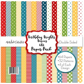 6X6 Pattern Paper Pack - Birthday Brights Basics - Card Making Scrapbook Specialty Paper Double-Sided 6"x6" Collection Includes 64 Sheets - by Miss Kate Cuttables