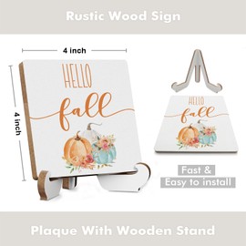 Hello Fall Sign Pumpkin Autumn Thanksgiving Fall Decor Rustic Wooden Desk Decor Inspirational Fall Quotes for Home Farmhouse Office Table Seasonal Harvest Decoration Plaque with Wood Stand Holder