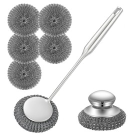 Heavy Duty Stainless Steel Scrubber Set - Long & Short Handle with 5 Steel Wool Pads, Cast Iron & Pot Scrubber for Dishes, Pans, Grills, Stoves