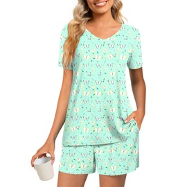 syoss Women's Pajamas Sets, Summer Casual Short Sleeves V-neck Tunic Top with Comfy Shorts, Loungewear Sleepwear 2 piece Ladies Pjs Sets with Pockets XXL, Butterfly-Green