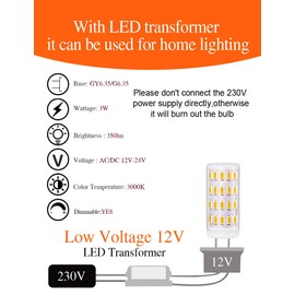 Tupolife GY6.35 LED Dimmable LED Plug-In Bulbs 12 V 3 W Warm White 3000 K, Replacement GY6.35/G6.35 30 W-35 W Halogen Pin Base Lamp, 350LM AC/DC 12-24 V, Pack of 2