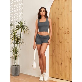 Famulily Women Workout Sets Skim Dupes Racer Back Tank Top 2 Piece Set Fold Over Leggings Crop Top Gym Sets Dark Grey M