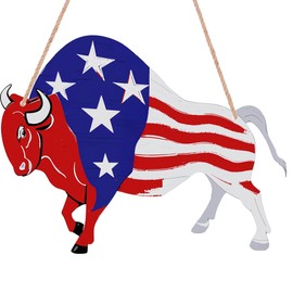 4th of July Hanging Ornament Wooden Decorations Patriotic Buffalo Flag for Front Door Wreath Vintage Independent Day Memorial Day Hanging Porch Wall Home Decor