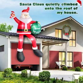 8 FT Christmas Inflatable Santa Claus Outdoor Decorations, Blow up Sitting Santa Claus with Gift Bag, Climbing Santa Carrying Present Sack Sitting on Roof, Xmas Yard Patio Bench Shrubs Indoor Decor
