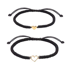 Mother Daughter Bracelets, Mother Daughter Matching Adjustable Heart Bracelets Set of 2 Pink String (Black)