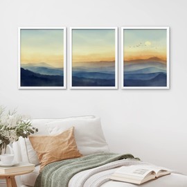 SIGNWIN Framed Watercolor Mountain Wall Art, Set of 3 Morning Dawn Pastel Wall Decor Prints, Nature Wilderness Wall Décor for Living Room, Bedroom - 11"x14" White