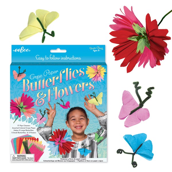 eeBoo: Craft Kit for Girls, Crepe Paper Flowers and Butterflies, Allows for Creativity and Imagination, Perfect for Ages 8 and up, Team Building Skills