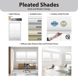 DEZ FURNISHINGS Cordless 1" Light Filtering Pleated Shade, Fabric, 33" W x 48" H, White
