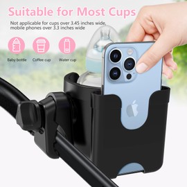 heymeowo Stroller Cup Holder with Phone Holder, Bike Cup Holder, Universal Cup Holder for Uppababy Nuna Doona Strollers, 2-in-1 Cup Phone Holder for Stroller, Bike, Wheelchair, Walker