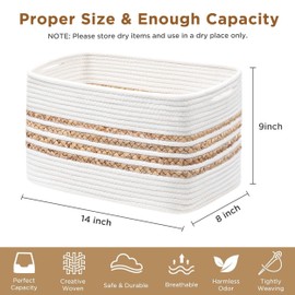 UBBCARE 2 Pack Baskets for Organizing, Woven Storage Baskets for Toys and Towel, Rectangle Cotton Rope Basket with Handles, 14''L x 8''W x9''H, White
