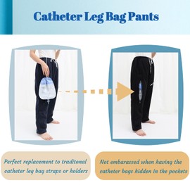 Catheter Leg Bag Pants, Urine Bag Holder Pants for Men/Women with Double Zippered Pockets, Holds Two 2000 ml Catheter Bags for Nephrostomy, Cystostomy, Foley (L, Black-1 Pair)