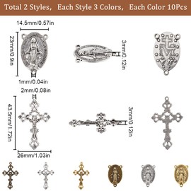 SUNNYCLUE 1 Box 60Pcs 6 Styles Rosary Cross Charms Crucifix Charm Easter Holiday Antique Silver Gold Bronze Oval Chandelier Links Rosary Bead Findings for Jewelry Making Charms Supplies DIY Necklaces