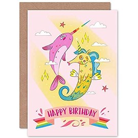 Wee Blue Coo Unicorn Seahorse Narwhal Birthday Greeting Card With Envelope Blank Inside Premium Quality