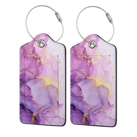 Purple and Gold Mixed Marbling-1 2 Pack Luggage Tag for Suitcase, Luggage Tags for Suitcases,Leather Stainless Steel Loop Label Tag for Men Women Girlstravel Bag Suitcase