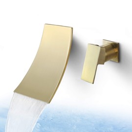 SKOWLL Single Handle Wall Mount Bathroom Sink Faucet, Brushed Gold Waterfall Modern Tub Faucet Set, Waterfall Spout