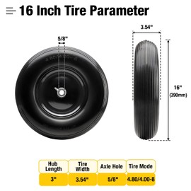 16" Flat Free PU 4.80/4.00-8" Solid Tire with 5/8" Ball Bearing and 3"-8" Center Hub, Universal Hand Truck Flat Free Trailer Wheelbarrow Tire for Hand Truck/Tool Cart/Garden Cart, 1 Pc Black