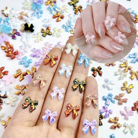 60 Pcs Aurora Bow Nail Charms Resin 3D Mixed Colorful Bowknot Nail Rhinestones Flat Back Bow Nail Gems Jewelry Cute Bowknot Nail Diamonds for Women Manicure DIY Crafts