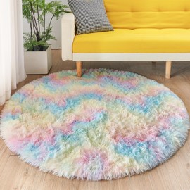 MARATIP Round Plush Rug, Fluffy Rug, Modern Living Room, Children's Girls, Soft and Fluffy Rug for Bedroom/Living Room/Children's Room (Rainbow, Diameter 120 cm, Round)