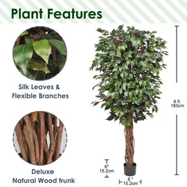 plant Artificial Ficus Tree 6ft in Pot Fake Silk Plant Green Red Leaves Natural Trunk for Indoor Outdoor Home Garden Decor